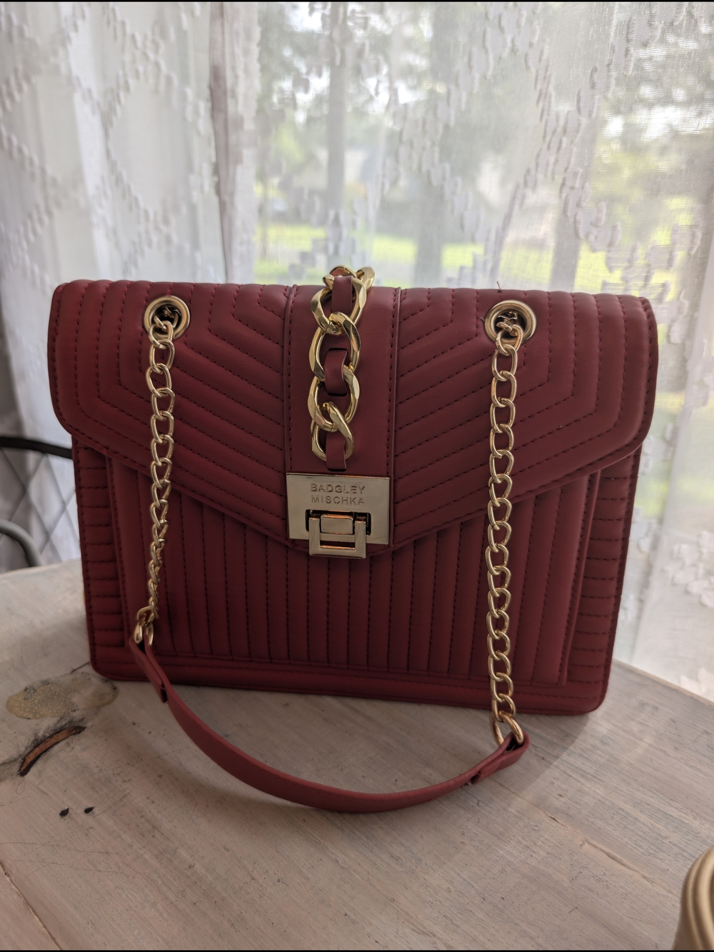 Badgley Mischka Dark Red Quilted Shoulder Bag with Gold Chain